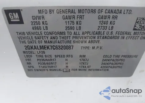 2012 GMC Terrain Sle-1 z USA, uszkodzony, nr VIN 2GKALMEK7C6320087